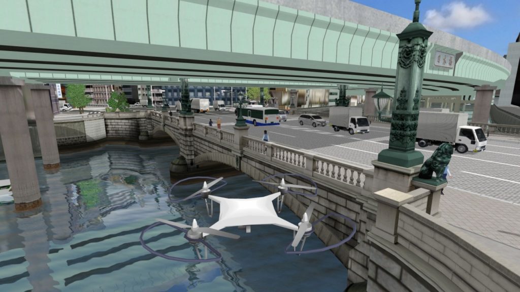 1000分の1スケールの日本橋や東京スカイツリーの街並みを3Dプリンターなどで製作。そのデジタルツインをVRやHoloLens 2で再現し、ドローンや飛行船を操縦体験します。HoloLens 2でバーチャルな花火大会も見られます。（協力：インフォマティクス、フォーラムエイト）